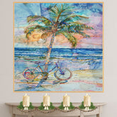 Palm Tree and Bicycle on the Beach Watercolor Painting with Vibrant Ocean Sunset on Ready to Hang 1.5" Thick Canvas Wrap, Floating Framed Canvas, Flat Rolled Canvas